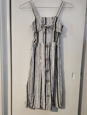 Girls Black & White Striped Midi Sundress with Front Buttons